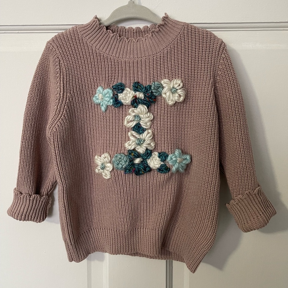 Knit sweater hand knit flowers letter I girls size 1-2Y